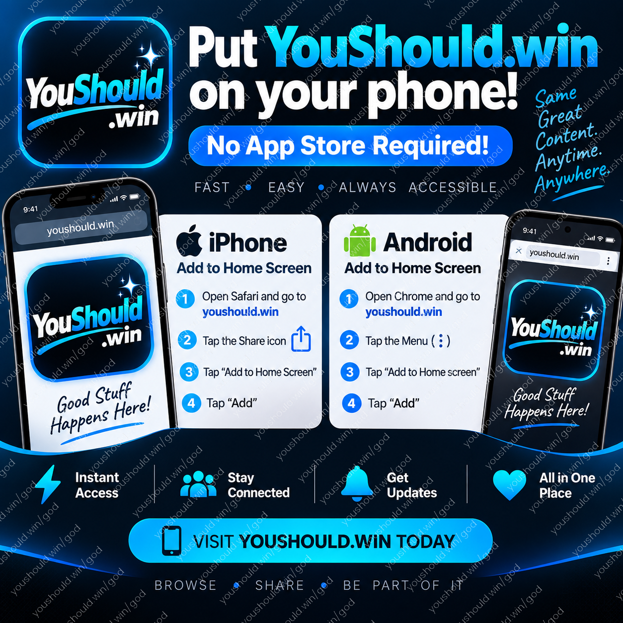 🍎 iPhone / iPad

1. Open Safari and go to YouShould.win
2. Tap the Share button &mdash; the square with the &uarr;...
